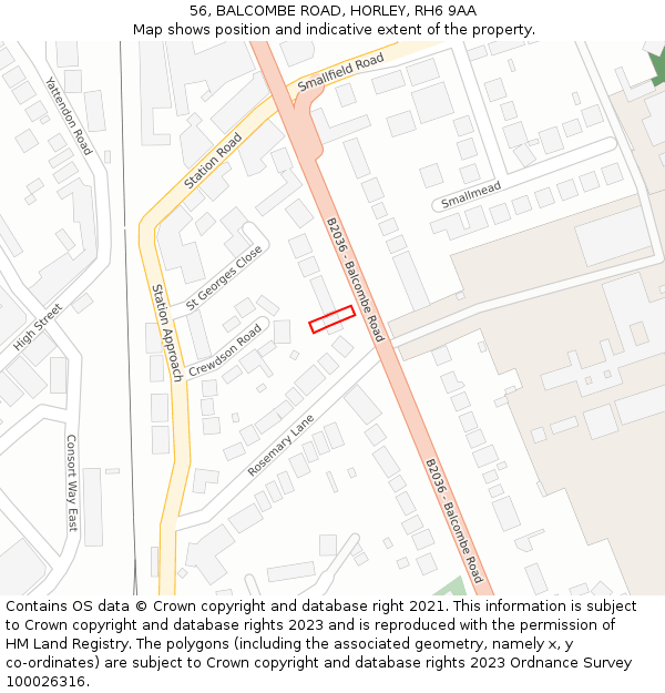 56, BALCOMBE ROAD, HORLEY, RH6 9AA: Location map and indicative extent of plot