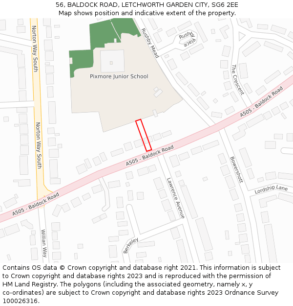 56, BALDOCK ROAD, LETCHWORTH GARDEN CITY, SG6 2EE: Location map and indicative extent of plot