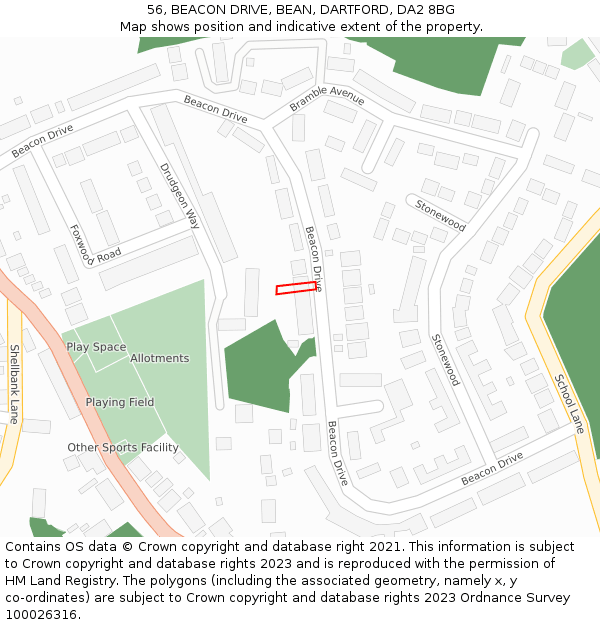 56, BEACON DRIVE, BEAN, DARTFORD, DA2 8BG: Location map and indicative extent of plot