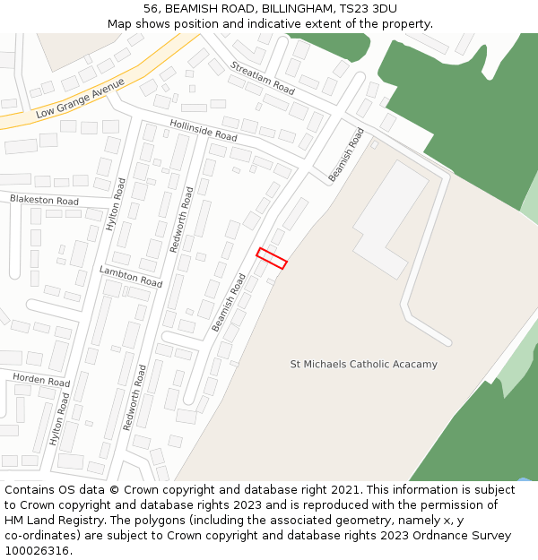 56, BEAMISH ROAD, BILLINGHAM, TS23 3DU: Location map and indicative extent of plot