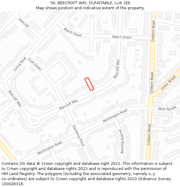 56, BEECROFT WAY, DUNSTABLE, LU6 1EE: Location map and indicative extent of plot