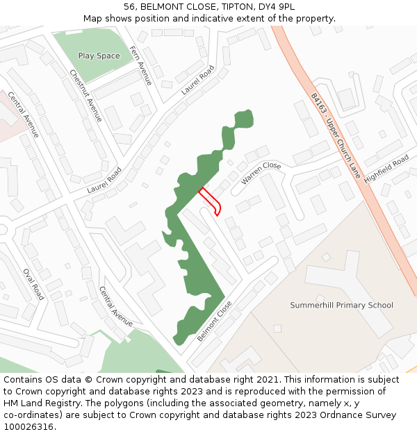 56, BELMONT CLOSE, TIPTON, DY4 9PL: Location map and indicative extent of plot