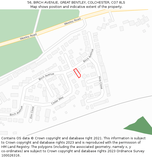 56, BIRCH AVENUE, GREAT BENTLEY, COLCHESTER, CO7 8LS: Location map and indicative extent of plot