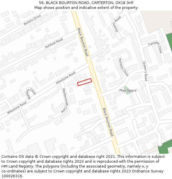 56, BLACK BOURTON ROAD, CARTERTON, OX18 3HF: Location map and indicative extent of plot