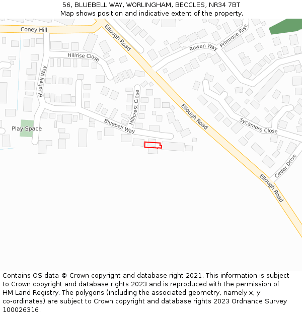 56, BLUEBELL WAY, WORLINGHAM, BECCLES, NR34 7BT: Location map and indicative extent of plot