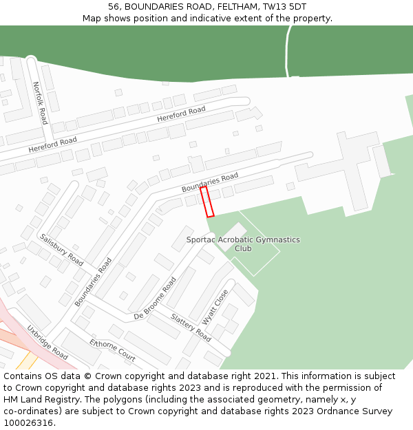 56, BOUNDARIES ROAD, FELTHAM, TW13 5DT: Location map and indicative extent of plot