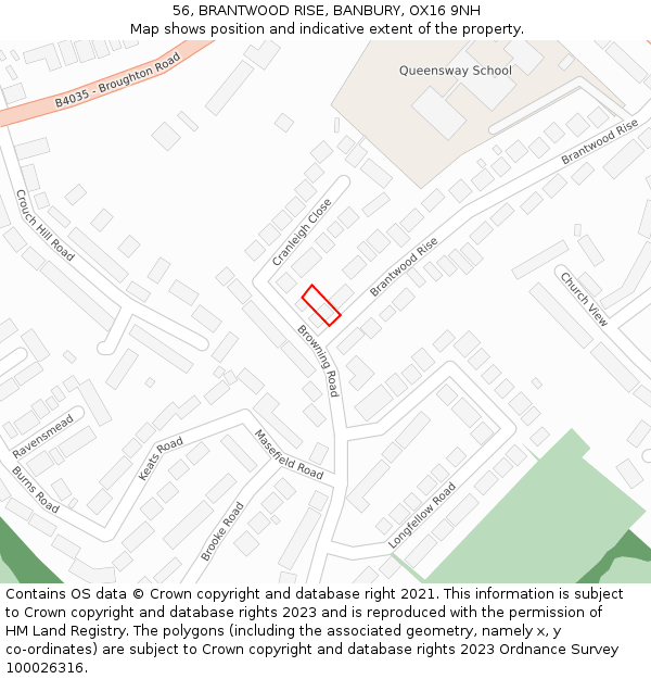 56, BRANTWOOD RISE, BANBURY, OX16 9NH: Location map and indicative extent of plot