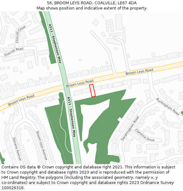 56, BROOM LEYS ROAD, COALVILLE, LE67 4DA: Location map and indicative extent of plot