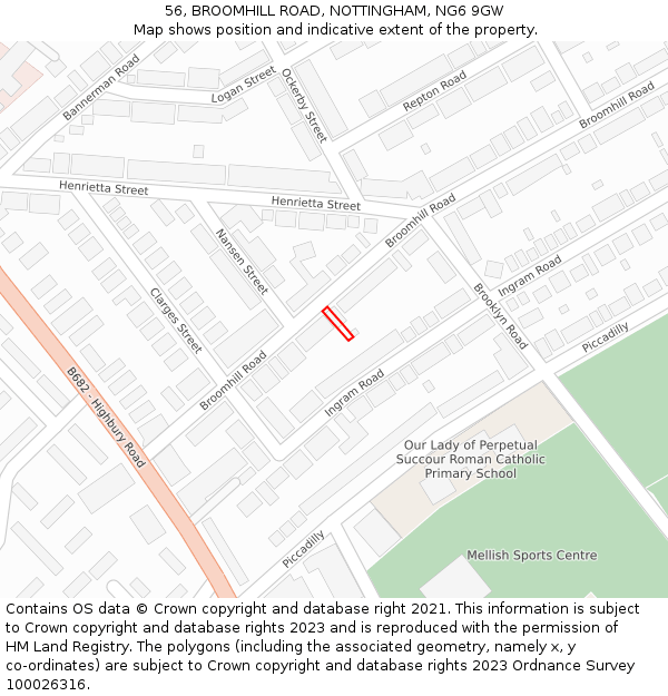 56, BROOMHILL ROAD, NOTTINGHAM, NG6 9GW: Location map and indicative extent of plot