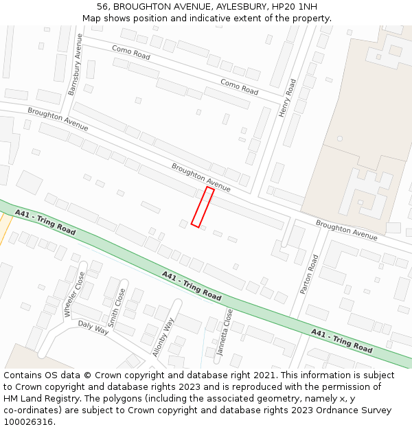 56, BROUGHTON AVENUE, AYLESBURY, HP20 1NH: Location map and indicative extent of plot