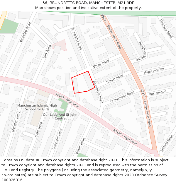 56, BRUNDRETTS ROAD, MANCHESTER, M21 9DE: Location map and indicative extent of plot