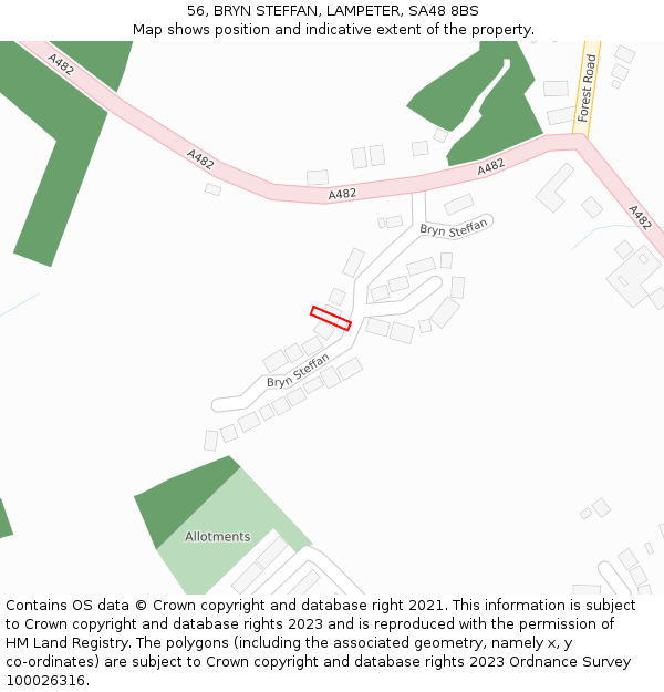 56, BRYN STEFFAN, LAMPETER, SA48 8BS: Location map and indicative extent of plot