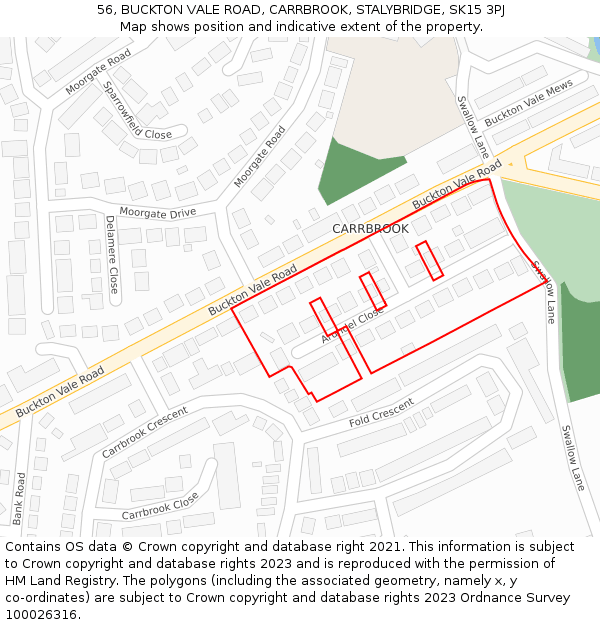 56, BUCKTON VALE ROAD, CARRBROOK, STALYBRIDGE, SK15 3PJ: Location map and indicative extent of plot