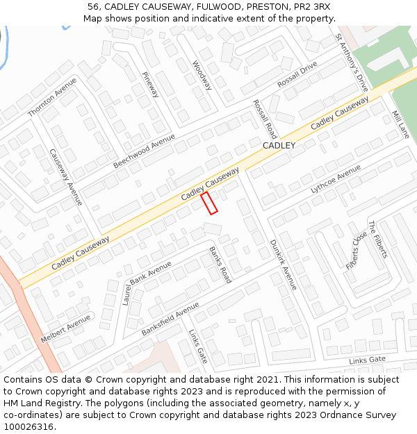 56, CADLEY CAUSEWAY, FULWOOD, PRESTON, PR2 3RX: Location map and indicative extent of plot