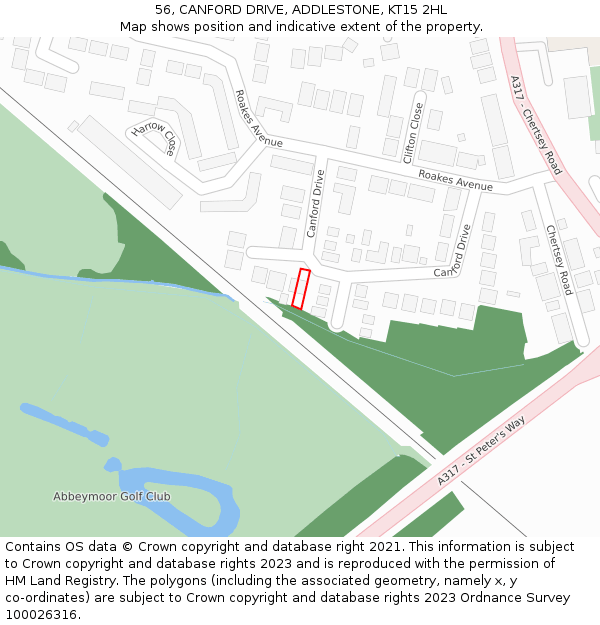 56, CANFORD DRIVE, ADDLESTONE, KT15 2HL: Location map and indicative extent of plot