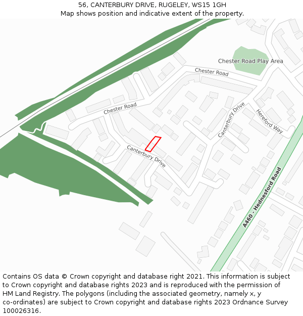 56, CANTERBURY DRIVE, RUGELEY, WS15 1GH: Location map and indicative extent of plot