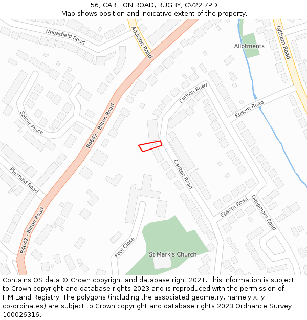 56, CARLTON ROAD, RUGBY, CV22 7PD: Location map and indicative extent of plot