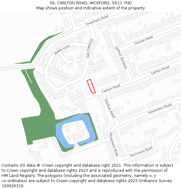 56, CARLTON ROAD, WICKFORD, SS11 7ND: Location map and indicative extent of plot