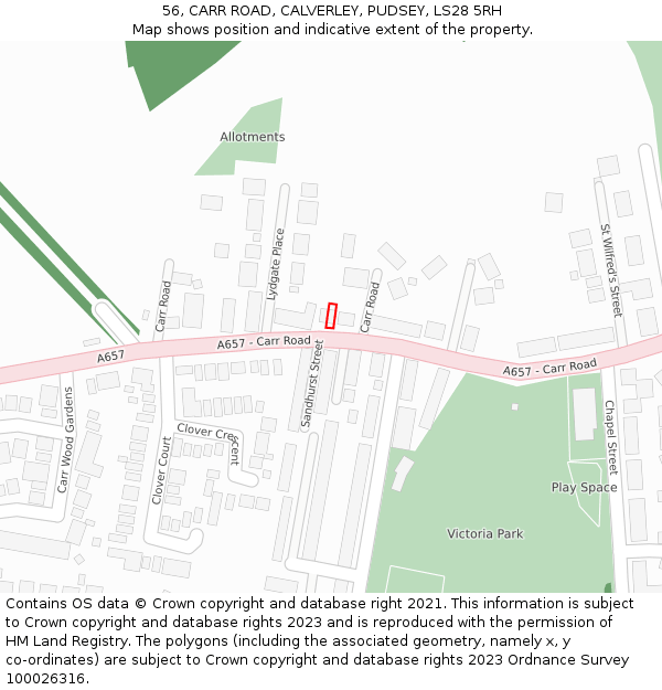 56, CARR ROAD, CALVERLEY, PUDSEY, LS28 5RH: Location map and indicative extent of plot