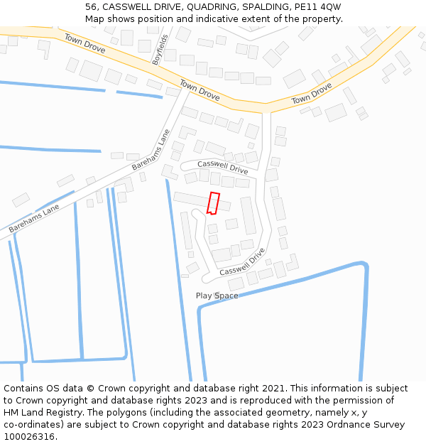 56, CASSWELL DRIVE, QUADRING, SPALDING, PE11 4QW: Location map and indicative extent of plot