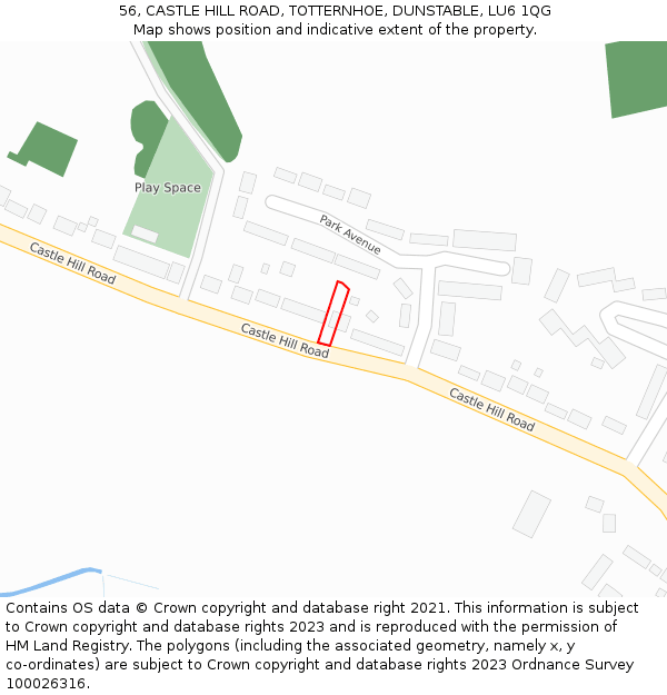 56, CASTLE HILL ROAD, TOTTERNHOE, DUNSTABLE, LU6 1QG: Location map and indicative extent of plot