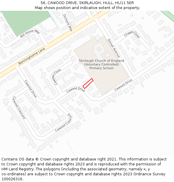 56, CAWOOD DRIVE, SKIRLAUGH, HULL, HU11 5ER: Location map and indicative extent of plot