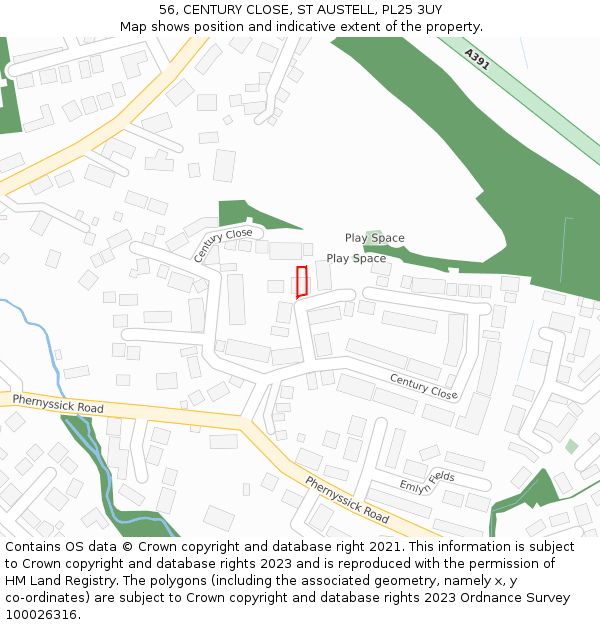 56, CENTURY CLOSE, ST AUSTELL, PL25 3UY: Location map and indicative extent of plot