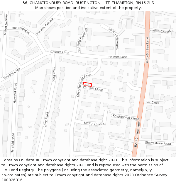 56, CHANCTONBURY ROAD, RUSTINGTON, LITTLEHAMPTON, BN16 2LS: Location map and indicative extent of plot