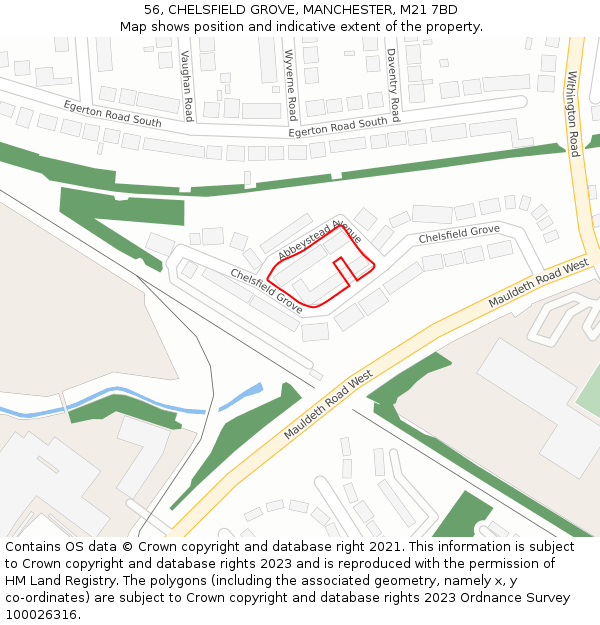 56, CHELSFIELD GROVE, MANCHESTER, M21 7BD: Location map and indicative extent of plot