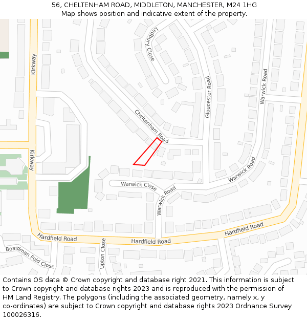 56, CHELTENHAM ROAD, MIDDLETON, MANCHESTER, M24 1HG: Location map and indicative extent of plot