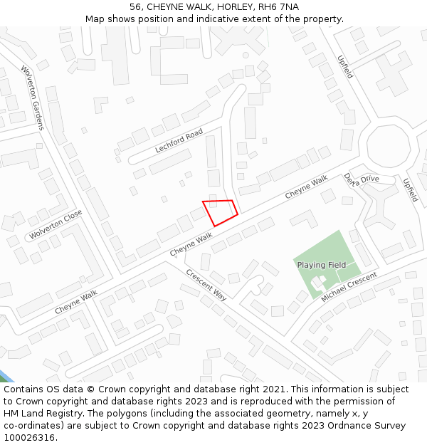 56, CHEYNE WALK, HORLEY, RH6 7NA: Location map and indicative extent of plot