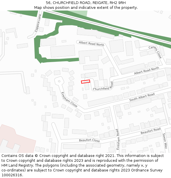 56, CHURCHFIELD ROAD, REIGATE, RH2 9RH: Location map and indicative extent of plot
