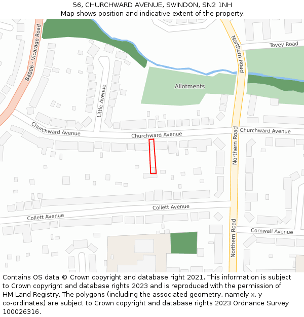 56, CHURCHWARD AVENUE, SWINDON, SN2 1NH: Location map and indicative extent of plot