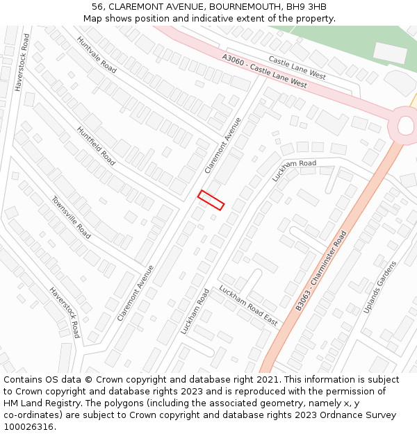 56, CLAREMONT AVENUE, BOURNEMOUTH, BH9 3HB: Location map and indicative extent of plot