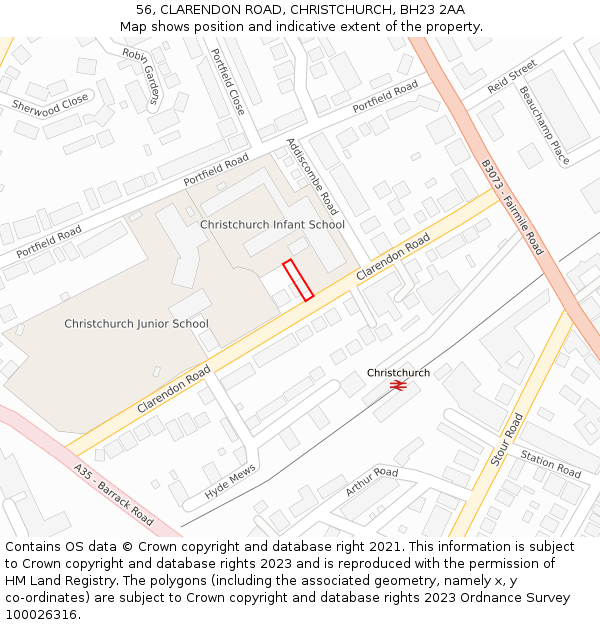 56, CLARENDON ROAD, CHRISTCHURCH, BH23 2AA: Location map and indicative extent of plot