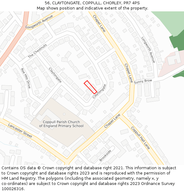 56, CLAYTONGATE, COPPULL, CHORLEY, PR7 4PS: Location map and indicative extent of plot