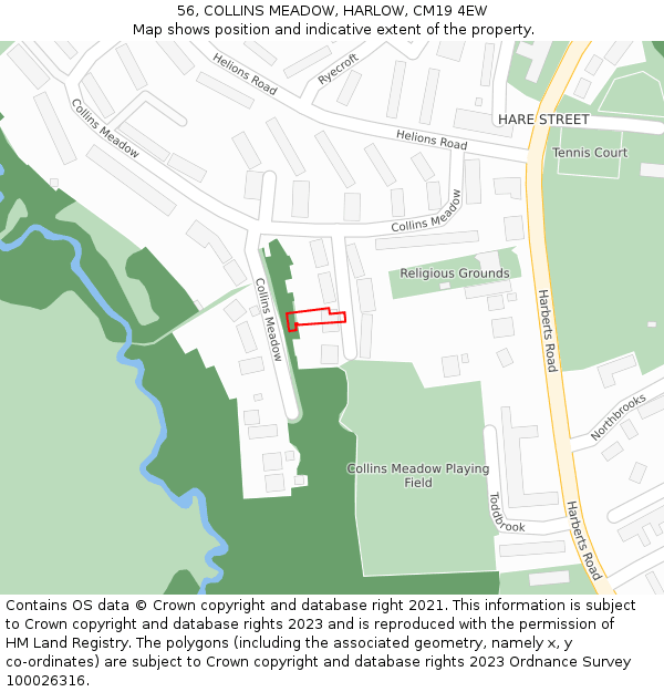 56, COLLINS MEADOW, HARLOW, CM19 4EW: Location map and indicative extent of plot