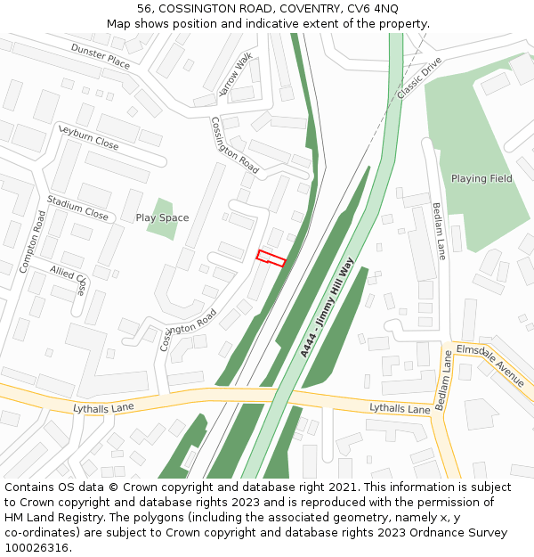56, COSSINGTON ROAD, COVENTRY, CV6 4NQ: Location map and indicative extent of plot