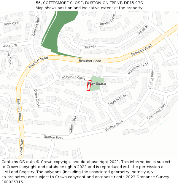 56, COTTESMORE CLOSE, BURTON-ON-TRENT, DE15 9BS: Location map and indicative extent of plot