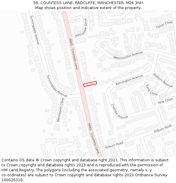 56, COUNTESS LANE, RADCLIFFE, MANCHESTER, M26 3NH: Location map and indicative extent of plot