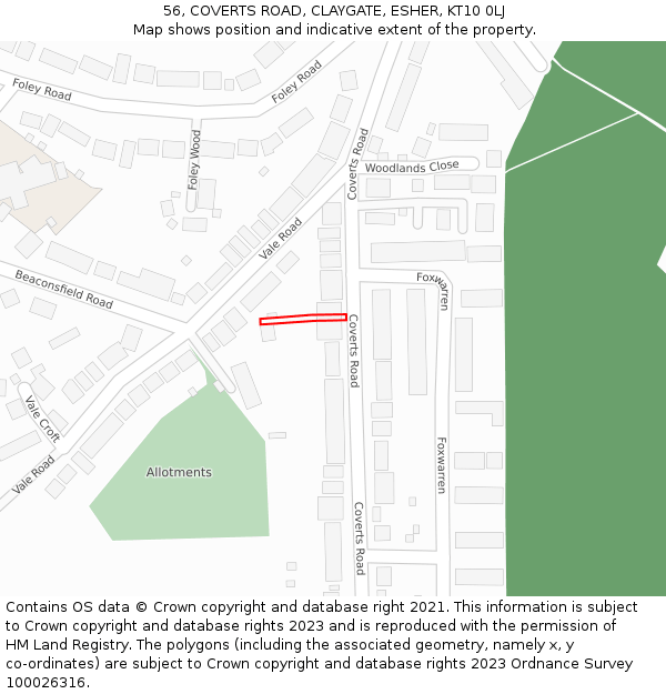 56, COVERTS ROAD, CLAYGATE, ESHER, KT10 0LJ: Location map and indicative extent of plot