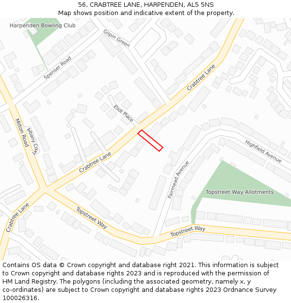 56, CRABTREE LANE, HARPENDEN, AL5 5NS: Location map and indicative extent of plot