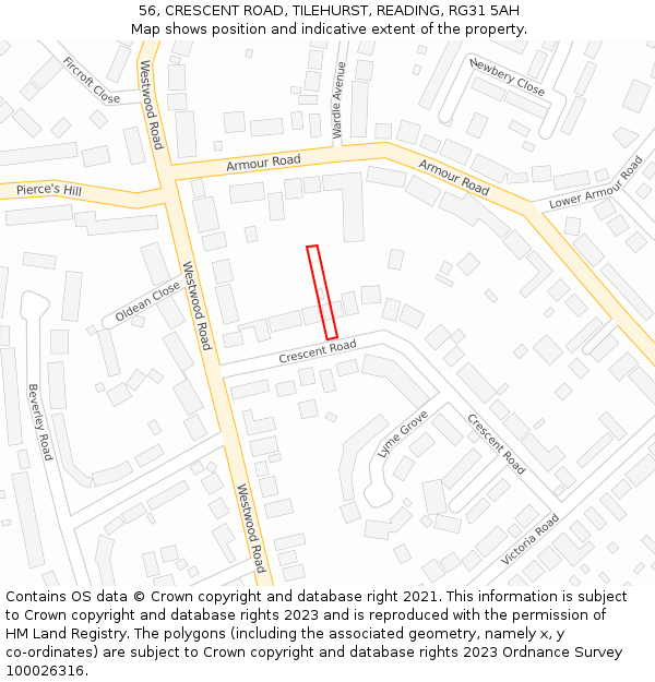 56, CRESCENT ROAD, TILEHURST, READING, RG31 5AH: Location map and indicative extent of plot