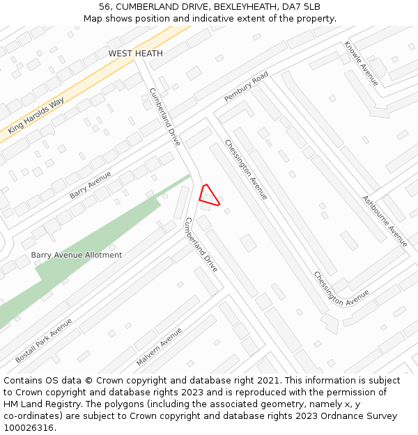 56, CUMBERLAND DRIVE, BEXLEYHEATH, DA7 5LB: Location map and indicative extent of plot
