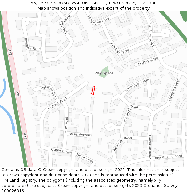 56, CYPRESS ROAD, WALTON CARDIFF, TEWKESBURY, GL20 7RB: Location map and indicative extent of plot