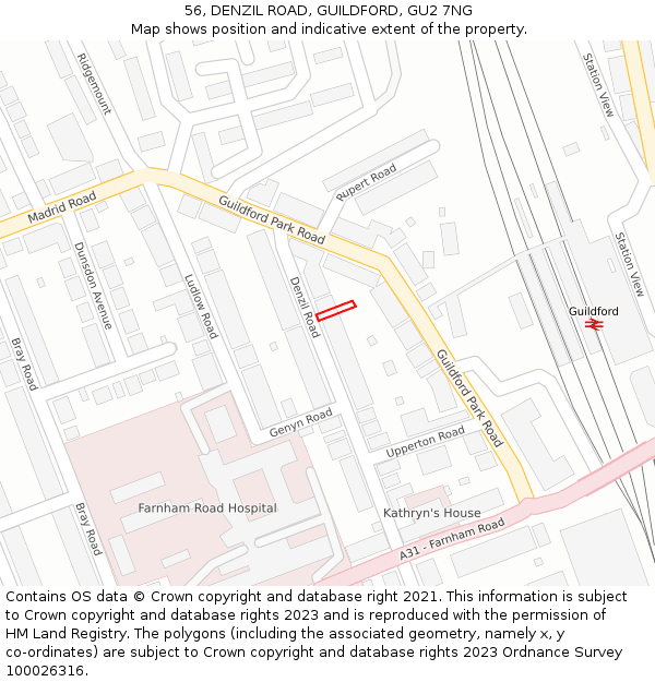 56, DENZIL ROAD, GUILDFORD, GU2 7NG: Location map and indicative extent of plot