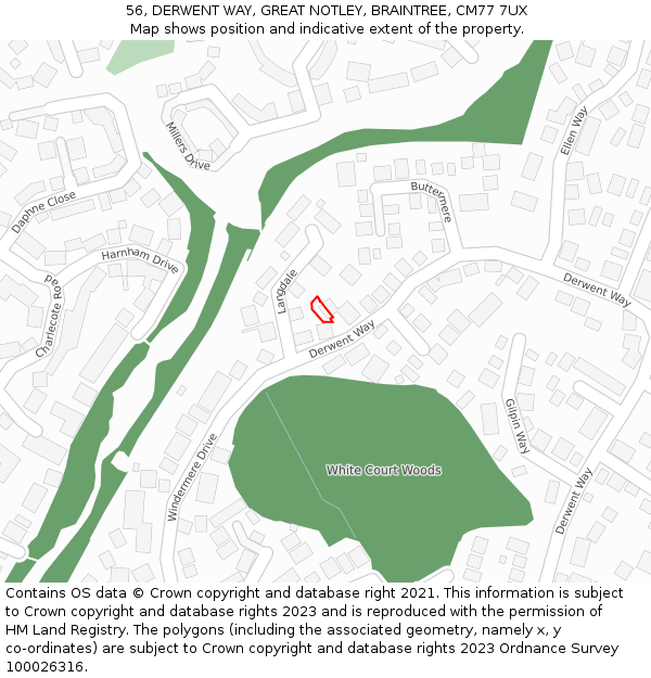 56, DERWENT WAY, GREAT NOTLEY, BRAINTREE, CM77 7UX: Location map and indicative extent of plot