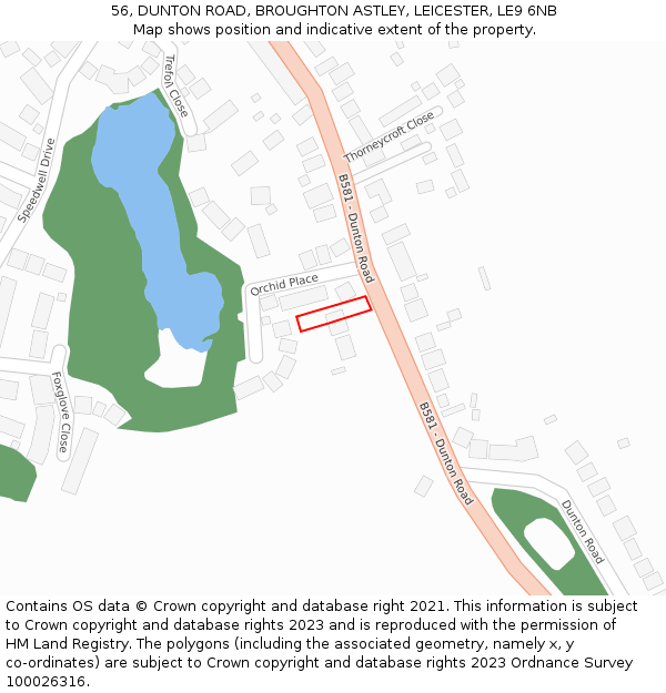 56, DUNTON ROAD, BROUGHTON ASTLEY, LEICESTER, LE9 6NB: Location map and indicative extent of plot