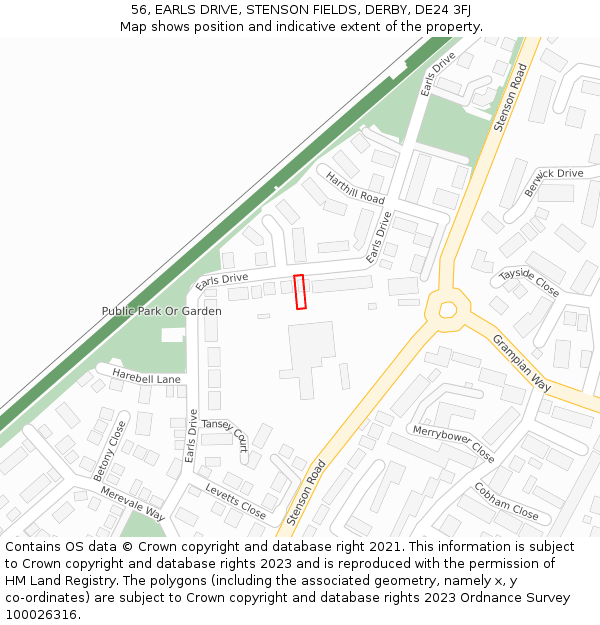 56, EARLS DRIVE, STENSON FIELDS, DERBY, DE24 3FJ: Location map and indicative extent of plot