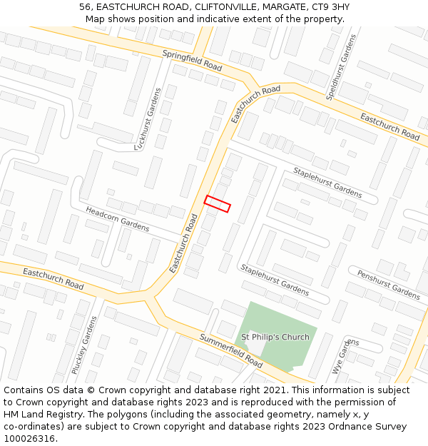 56, EASTCHURCH ROAD, CLIFTONVILLE, MARGATE, CT9 3HY: Location map and indicative extent of plot